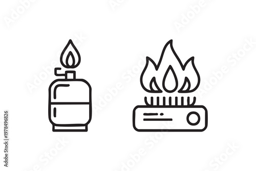 Gas Stove and Burner Icons Set with Fire and Cooking Symbols
