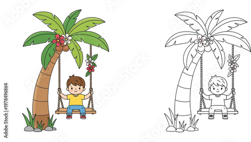 Happy boy swinging on a tropical palm tree coloring book page for kids with colored and line art version illustration
