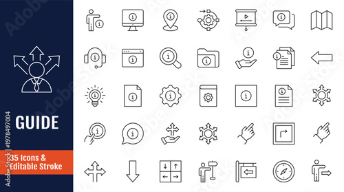 Guide icon set. Icons related to info, guide, information, instructions, and more. Outline icon with Editable stroke. Vector illustration