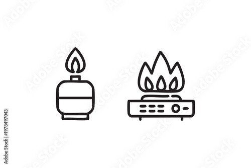 Cooking Appliance Icons Featuring Gas Stove and Fire Flame Symbols