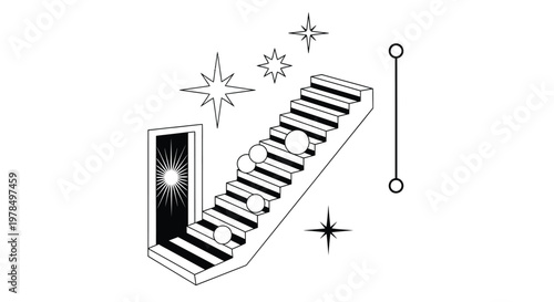 A surreal black and white illustration depicts a staircase leading to a glowing doorway and spheres