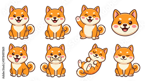 Cute Shiba Inu Dog Vector Illustration Set – Kawaii Orange Puppy Poses, Smiling, Waving, Tongue Out, Bone, Playful, Close‑Up Face – Adorable Cartoon Clipart
