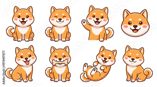 Cute Shiba Inu Dog Vector Illustration Set – Kawaii Orange Puppy Poses, Smiling, Waving, Tongue Out, Bone, Playful, Close‑Up Face – Adorable Cartoon Clipart
