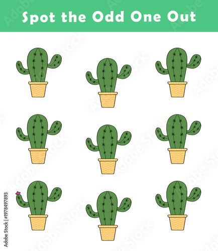 Spot the odd one out for toddlers. Find the difference for kids. Educational quiz worksheet with cute cactus illustration. Logical activity for children.