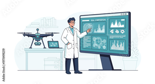 Scientist analyzes soil composition data using drone technology for agricultural research