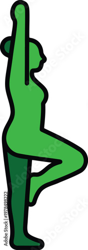 Minimalist flat vector icon of a woman practicing yoga tree pose Vrikshasana in green colors with bold outlines for wellness fitness and mindfulness meditation lifestyle branding.