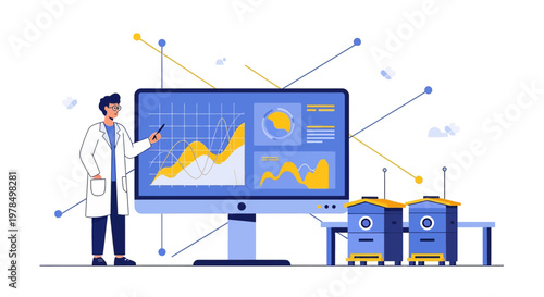 Scientist analyzing data from smart beehives, monitoring colony health and optimizing beekeeping