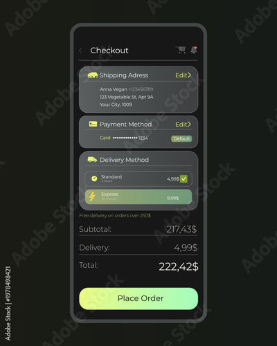 Dark mode checkout UI for grocery delivery app. Clean mobile interface with delivery method and payment options. Modern ecommerce design with night theme for seamless ordering experience.