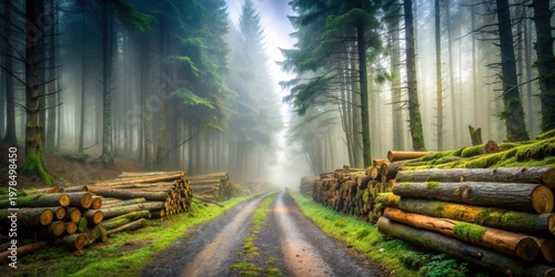 Misty Forest Path Flanked by Stacks of Harvested Timber Logs on a Serene Morning