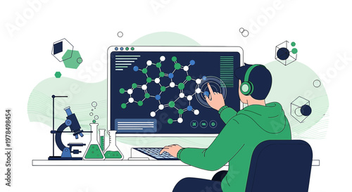 Scientist conducting virtual experiment examining molecular structure displayed on computer screen