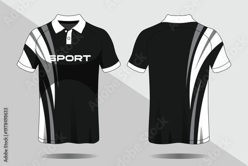 Black and White Sport Polo Shirt Design with Dynamic Stripe Pattern.