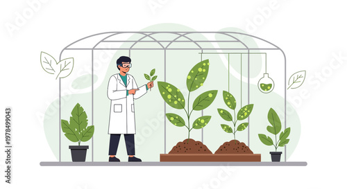 Scientist meticulously examining plant health in a controlled greenhouse environment for research