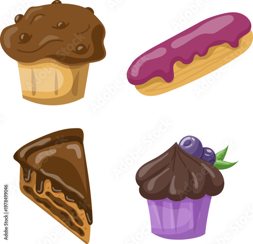 Chocolate pastry and dessert set. Vector illustration of chocolate cake slice, muffin, eclair with purple glaze and blueberry cupcake. Isolated on white.