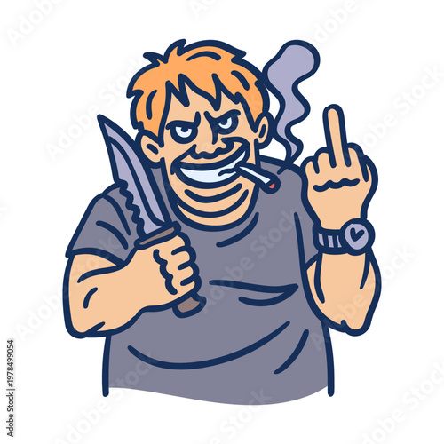Male robber smokes cigarette holds knife and shows middle finger. Hand drawing