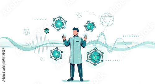Scientist manipulating virtual geometric shapes with modern technology interface concept