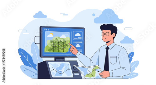 Scientist presenting weather and vegetation data on a modern digital interface system