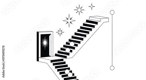 A black and white illustration depicts a staircase leading to a glowing doorway with stars