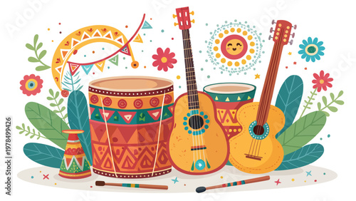 Vibrant festival music instruments set with bold colorful designs and floral patterns for lively celebrations
