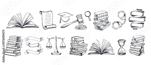 Law symbols set. Scales hand drawn illustration

