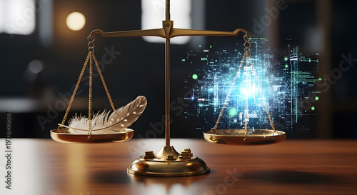 A classic brass balance scale comparing a delicate white feather with a glowing blue digital data representation.