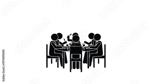 Group of stick figure people sitting around a circular table enjoying a formal dinner party together tonight