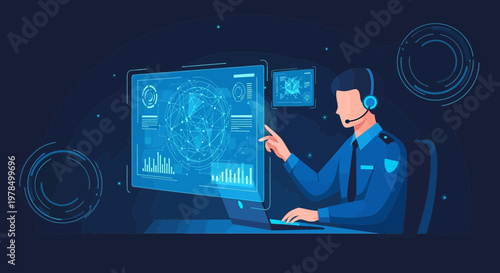 Security operation center analyst monitoring network, examining graphical data interfaces, threat