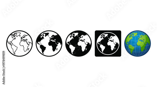 "Vector Earth Globe Illustration Set Showing Outline, Filled, Inverted, Grid Latitude Longitude, and Colored Realistic Style Depictions of Planet for Educational Design and Graphics"