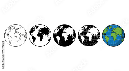 "Vector Earth Globe Illustration Set Showing Outline, Filled, Inverted, Grid Latitude Longitude, and Colored Realistic Style Depictions of Planet for Educational Design and Graphics"