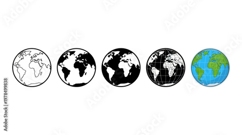 "Vector Earth Globe Illustration Set Showing Outline, Filled, Inverted, Grid Latitude Longitude, and Colored Realistic Style Depictions of Planet for Educational Design and Graphics"