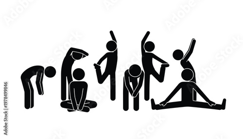 Stick figures demonstrating various stretching exercises and physical activity poses for flexibility and health benefits