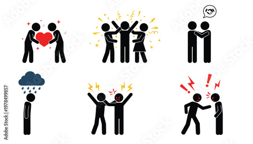 Stick figure pictograms depict a comprehensive range of human emotions and interpersonal relationships in daily life