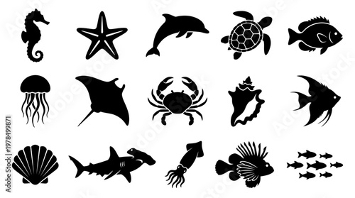 "Vector Silhouette Collection of Marine Animals Featuring Shark, Dolphin, Octopus, Seahorse, Jellyfish, Stingray, Turtle, Lobster, Starfish, Nautilus, Fish, Educational Ocean Biodiversity Icons"