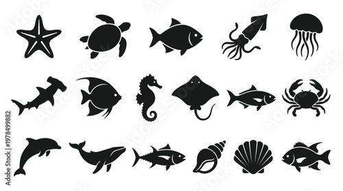 "Vector Silhouette Collection of Marine Animals Featuring Shark, Dolphin, Octopus, Seahorse, Jellyfish, Stingray, Turtle, Lobster, Starfish, Nautilus, Fish, Educational Ocean Biodiversity Icons"