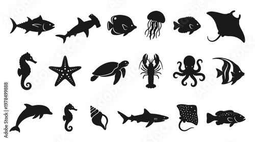 "Vector Silhouette Collection of Marine Animals Featuring Shark, Dolphin, Octopus, Seahorse, Jellyfish, Stingray, Turtle, Lobster, Starfish, Nautilus, Fish, Educational Ocean Biodiversity Icons"