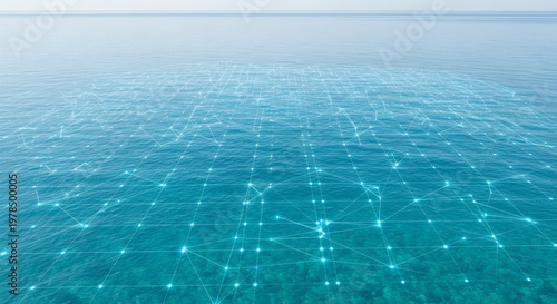 An abstract representation of a digital network overlaid on a serene ocean, symbolizing connectivity and data flow across vast bodies of water