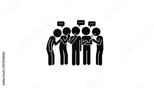 Group of stick figures interacting together with speech bubbles representing communication and social discussion in daily life