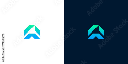 Modern abstract letter A logo design with a geometric, futuristic, and digital feel, presented on both white and dark backgrounds