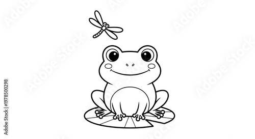 Charming Amphibian Cartoon Grinning at Dragonfly – Cheerful Frog on Leaf Playful Nature Scene For Coloring Books Educational Resources and Fun Designs (189 characters)