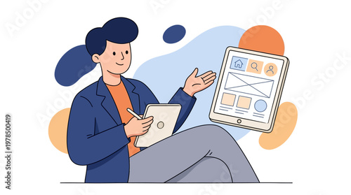 Man with tablet and stylus demonstrating user interface in modern illustration