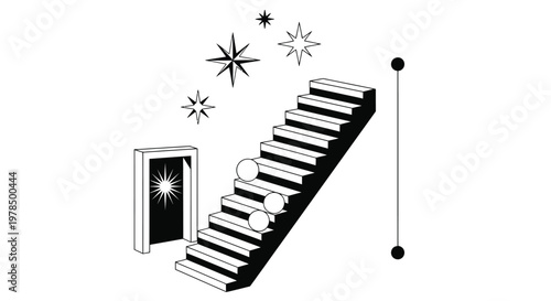 A surreal black and white illustration depicts a staircase leading toward an open doorway with a shining light