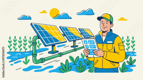 Solar panel technician examining renewable energy system with tablet outdoors during daytime