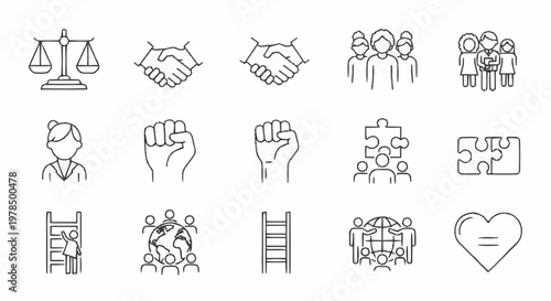 Equality and Justice Icons - Scales, Handshakes, and Solidarity Symbols.