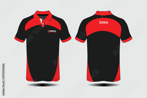 Sporty black and red polo shirt with collar and short sleeves design.