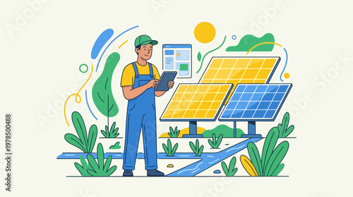 Solar panel technician inspects energy system illustrated in a clean modern style