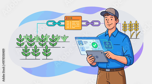 Modern farmer with tablet overseeing field and digital chain illustration