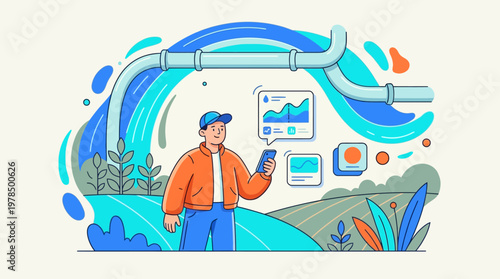 Man monitoring data flow through pipes in illustrated digital design