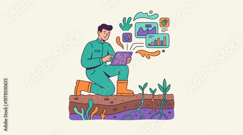Illustrated man analyzing data on tablet next to growing plants and graphics