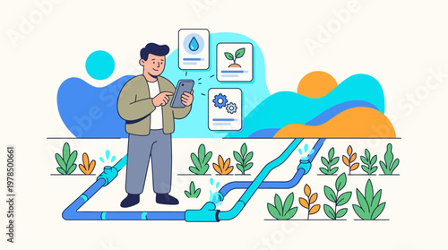 Man using tablet to monitor irrigation system in field with vector style