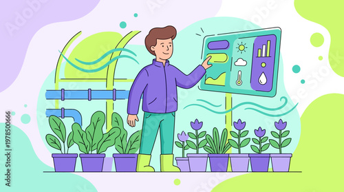 Man interacting with digital interface in greenhouse setting for agriculture purposes