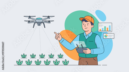 Modern farmer utilizing drone technology for agricultural field analysis